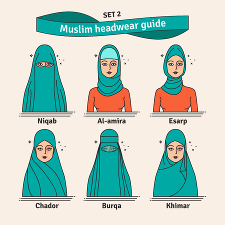 The set of different types of women headscarves. Vector icon colorful illustration.のイラスト素材