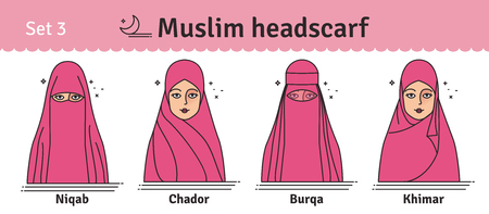 The set of different types of women headscarves. Vector icon colorful illustration.のイラスト素材