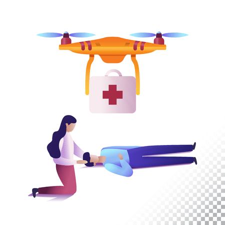 Drone or quadcopter flat icons. Unmanned medical emergency aircraft and people. Vector illustrationのイラスト素材
