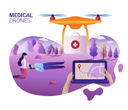 Drone or quadcopter medical service concept. Drone fly over the landscape and delivering ambulance equipment. Hands controlling via laptopのイラスト素材