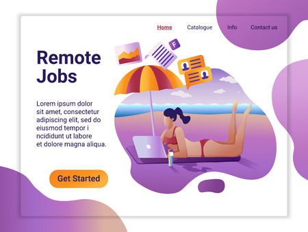 Landing page template of Remote worker. The Flat design concept of web page design for a mobile website. Young girl remotely working at laptop lying on the beach.のイラスト素材