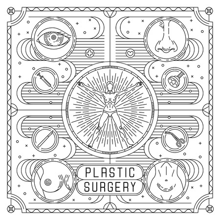 Vector flat, outline black and white design poster for plastic surgery. Ads for Aesthetic Clinic with woman body, eye, nose, breast, belly. Linear card: surgery equipment and bodyのイラスト素材