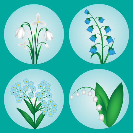 Set of spring flowers on a turquoise backgroundのイラスト素材