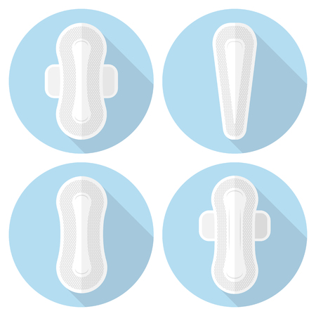 Set of vector icons feminine sanitary pads. Illustration of feminine hygiene products in a flat style.のイラスト素材
