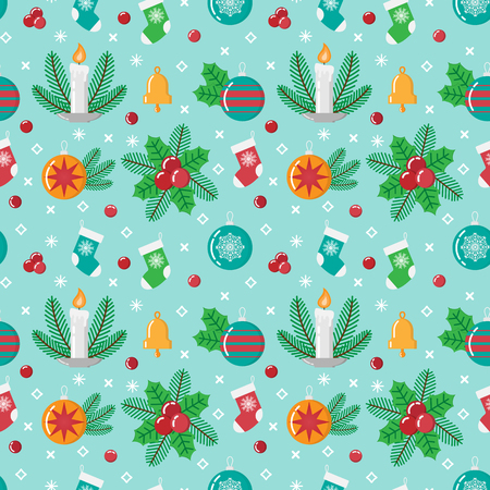Christmas vector seamless pattern with blue background. Christmas balls, a candle, a bell, holiday socks.のイラスト素材