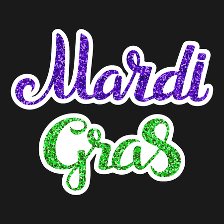 Illustration of a handwritten lettering Mardi Gras with a glitter effect on the isolated black background.のイラスト素材