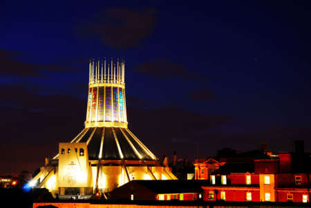 Roman Catholic Cathedral taken from above the rooftops of Liverpoolの写真素材