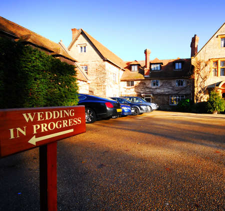 Wedding in progress sign on a beautiful wedding dayの写真素材