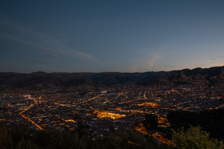 Panoramic night view over Cusco, the capital of Inca Empire from Peruの写真素材