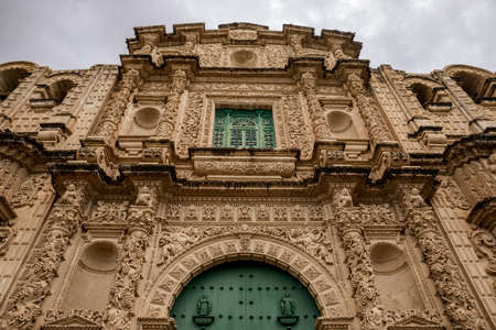 The facade of the Cathedral of Santa Catalina from Cajamarca in Peruの写真素材