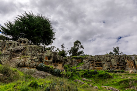 Beautiful panoramic view of the Ventanillas de Otuzco archaeological site located in the district of BaÃ±os del Inca, 8 km northwest of the city of Cajamarca on a cloudy day.の写真素材