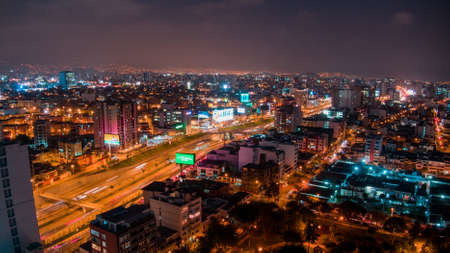 Lima, Peru - 13.08.2019 - Panoramic aerial night view over Via Expresa highway in Miraflores Districtのeditorial素材