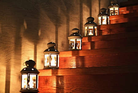 Lanterns on a Staircase with stars on the wallの写真素材