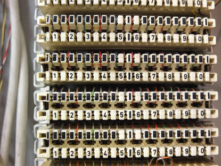Phone junction box, switchboard with lots of cablesの写真素材