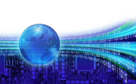 Orbits of binary information speeding around the world globeの写真素材
