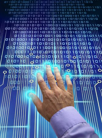 Male hand over electronic circuit and touchpad, identification data processing into binary codeの写真素材