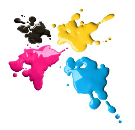 Splashes of four color printing inks cyan magenta yellow blackの写真素材
