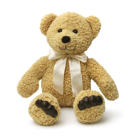 Cute teddy bear sitting happy on white background isolatedの写真素材