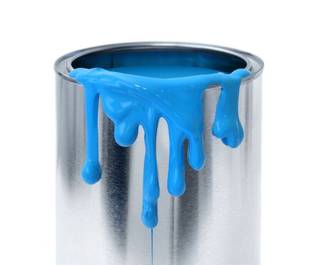 Thick blue paint dripping tin can container white backgroundの写真素材