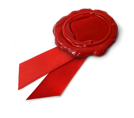 Red wax seal with ribbon isolated on white backgroundの写真素材