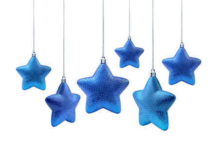 Roundish blue Christmas stars hanging on white background isolatedの写真素材