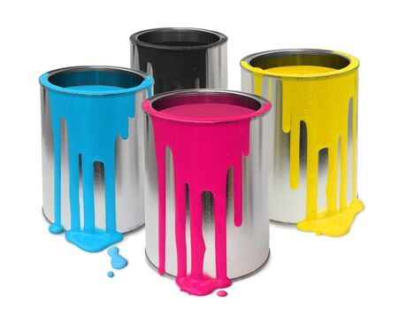 Metal tin cans with four process color cmyk paints flowingの写真素材