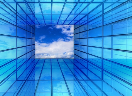 Hallway perspective imagination window to bright clean future skyの写真素材