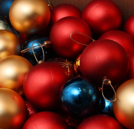 Golden, blue, red Christmas decoration balls close-upの写真素材