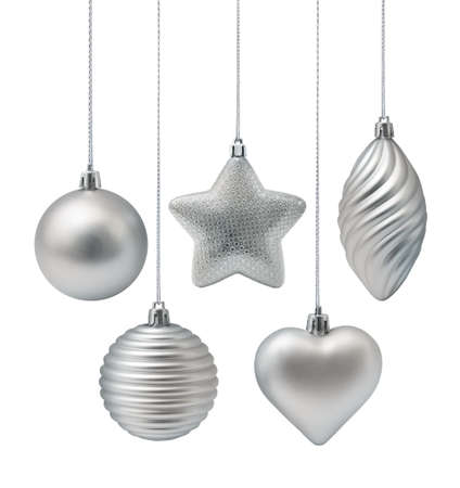 Silver Christmas decoration elements isolated on white backgroundの写真素材