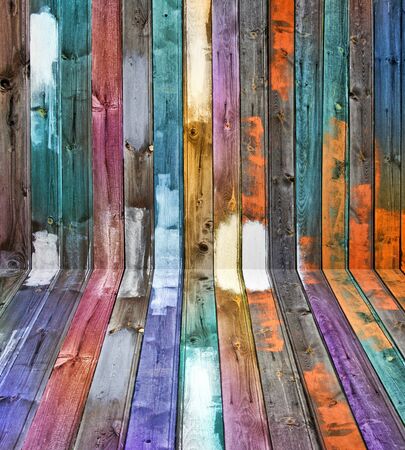 Weathered old wooden floor and wall color panels perspectiveの写真素材