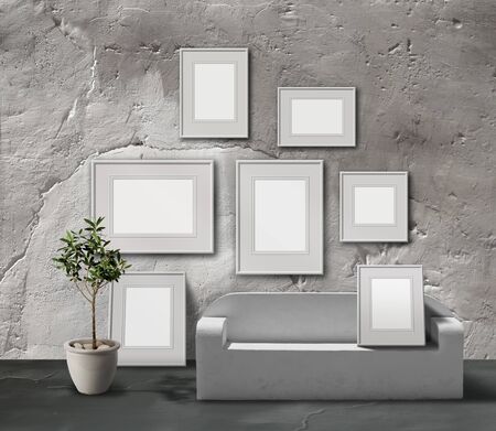 White stone picture gallery exhibition space, empty frames collection