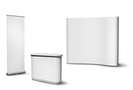 Blank roll-up poster, fair desk and concave wall on white backgroundの写真素材