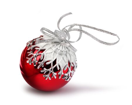 Red Christmas ball with snowflake decoration, isolated on whiteの写真素材