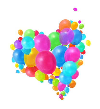 Colorful  balloons flying heart shape formation white backgroundの写真素材