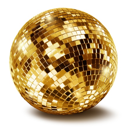 Golden disco mirror ball isolated on white backgroundの写真素材