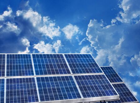 Solar panels on blue sky backgroundの写真素材
