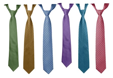 Colorful neckties hanging, fashion accessory collection isolatedの写真素材