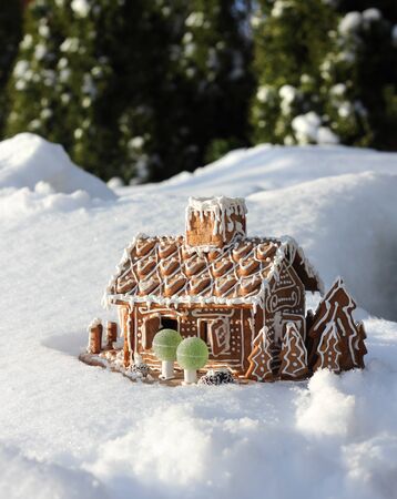 Gingerbread house in real winter snow Christmas backgroundの写真素材
