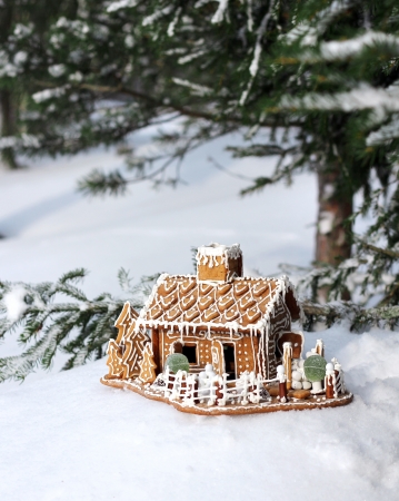 Gingerbread house in real winter snowy Christmas forest backgroundの写真素材