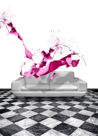 Pink paint splash about to hit white leather sofaの写真素材