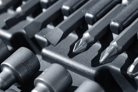Hard metal tool bits box macro closeupの写真素材