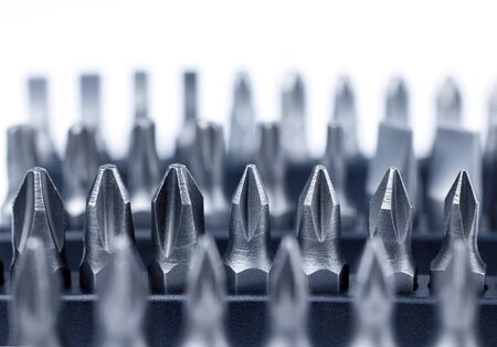 Hard metal tool bits collection macro isolated on white backgroundの写真素材