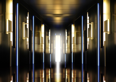 Futuristic perspective hallway modern corridor illuminated