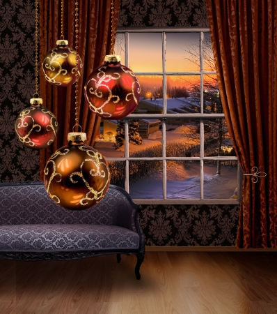 Christmas balls hanging in front of winter street view window, classic furniture interiorの写真素材