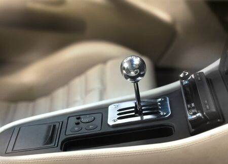 Sports car interior, chromed manual gearshift stick knobのeditorial素材