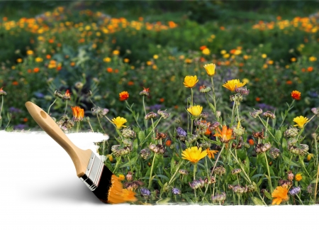 Paint brush painting autumn colours seasonal conceptの写真素材