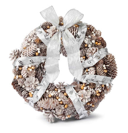 Gold silver Christmas decoration wreath isolated white backgroundの写真素材