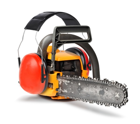 Chain saw with ear protectors, working safety conceptの写真素材
