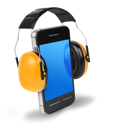 Smartphone with ear protectors, loud speaking conceptの写真素材