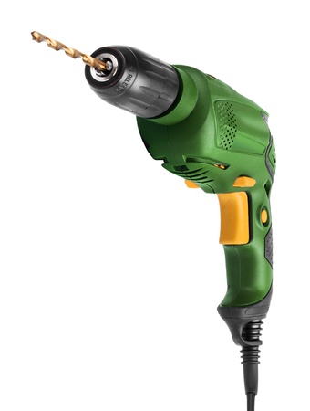 Green yellow electric drill tool front view isolated on whiteの写真素材